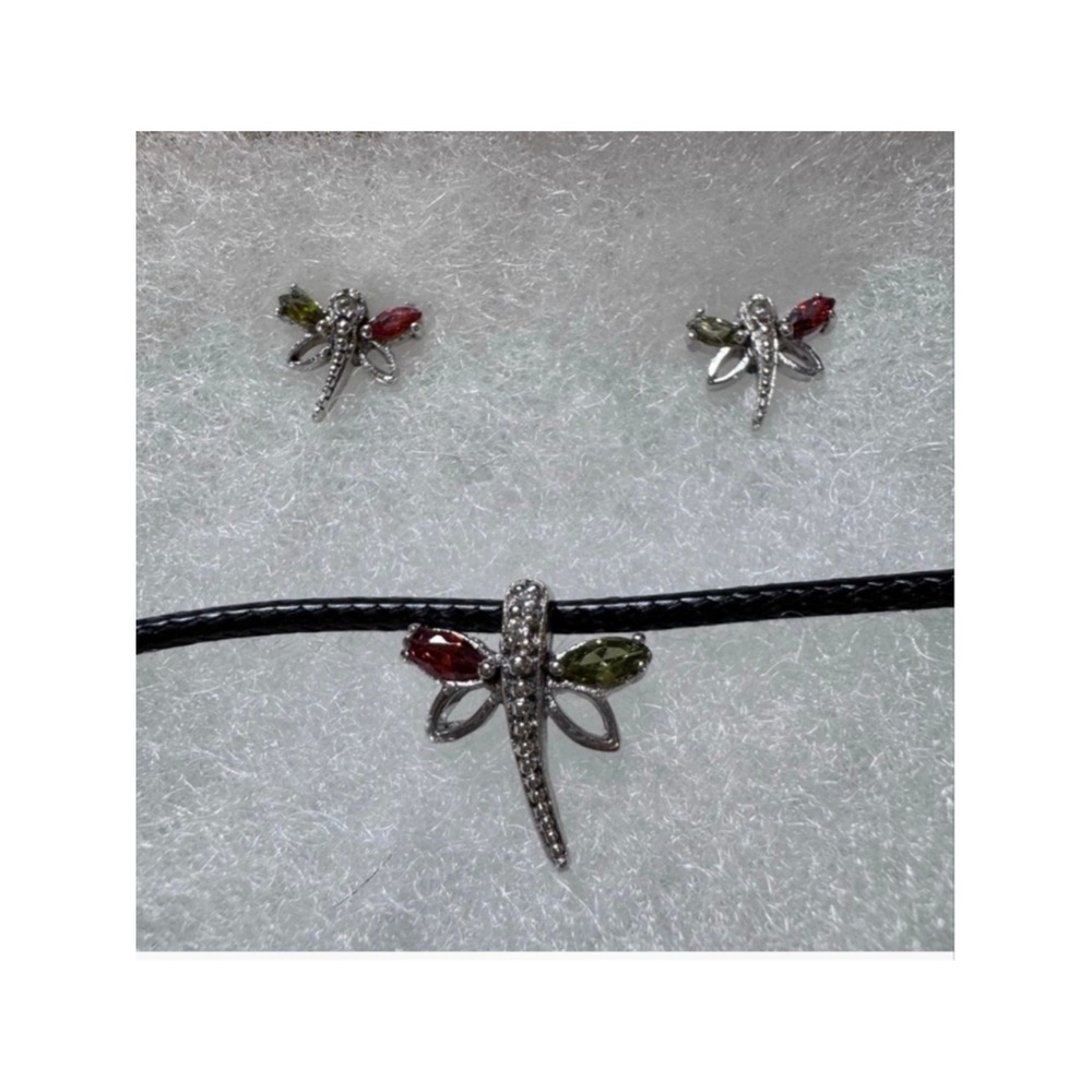 Sterling Silver Dragonfly Necklace and Earrings Set Red Green Stones
